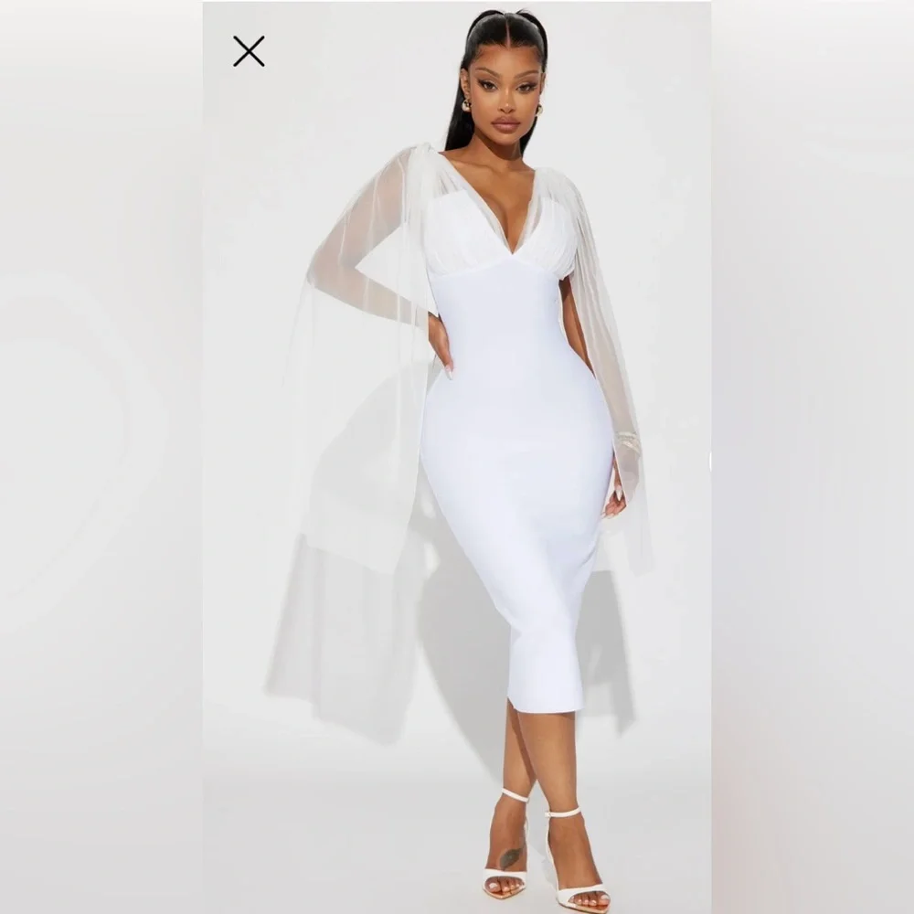 Chic White Midi Dress with Sheer Cape! - Picture 1 of 9